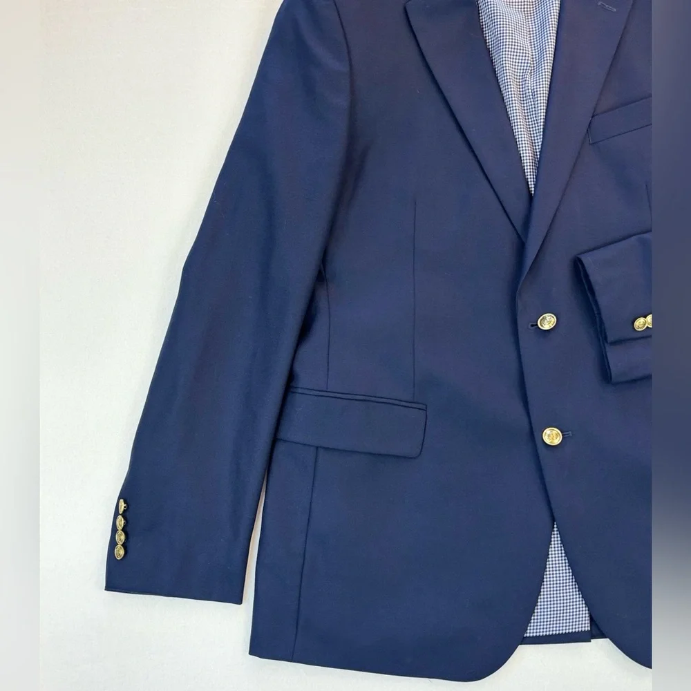 STAFFORD Hopsack Navy Blazer Gold Button Blue Gingham Preppy Wool Business 44L‎